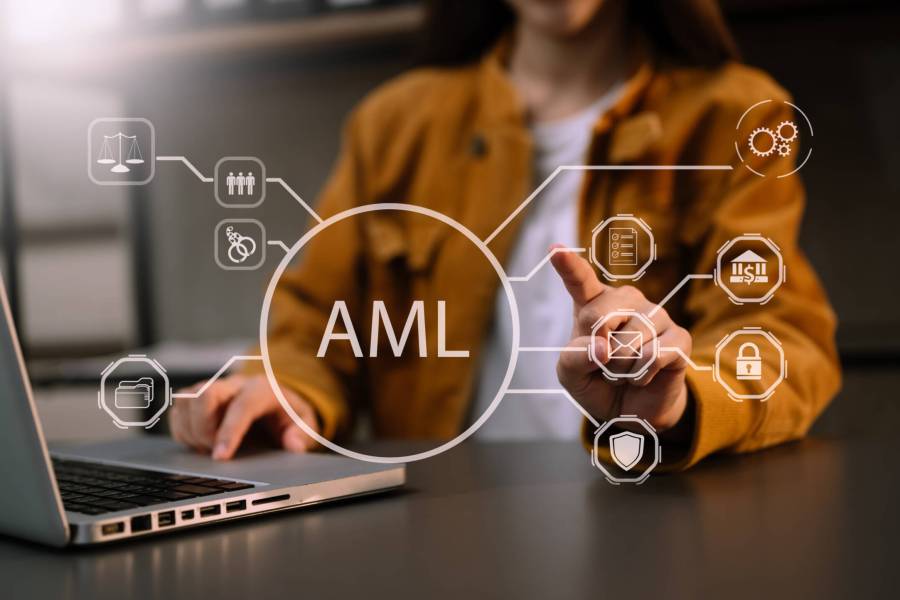 AML Anti Money Laundering Financial Bank Business Concept. judge in a courtroom using laptop and tablet with AML anti money laundering icon on virtual  screen. in office